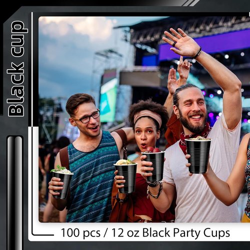 Dualshine 12 oz Black Plastic Cups - Heavy-Duty Disposable Drinking Cups for Parties & Events | 100 Pack