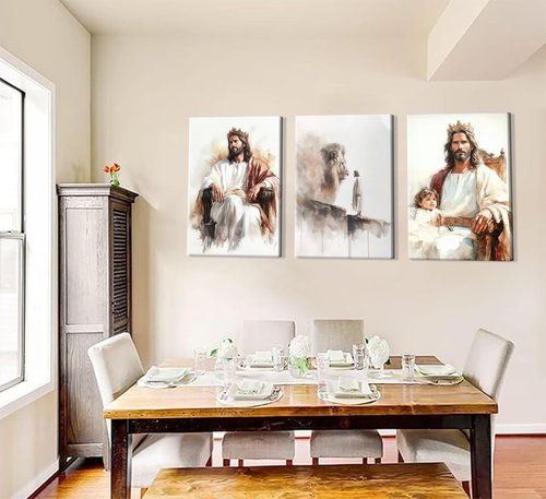 3pcs framed Jesus Wall Art Jesus with Children Wall Decor Lion of judah Paintings God Canvas Prints Religious Posters Room Bedroom Church Pictures Decoration