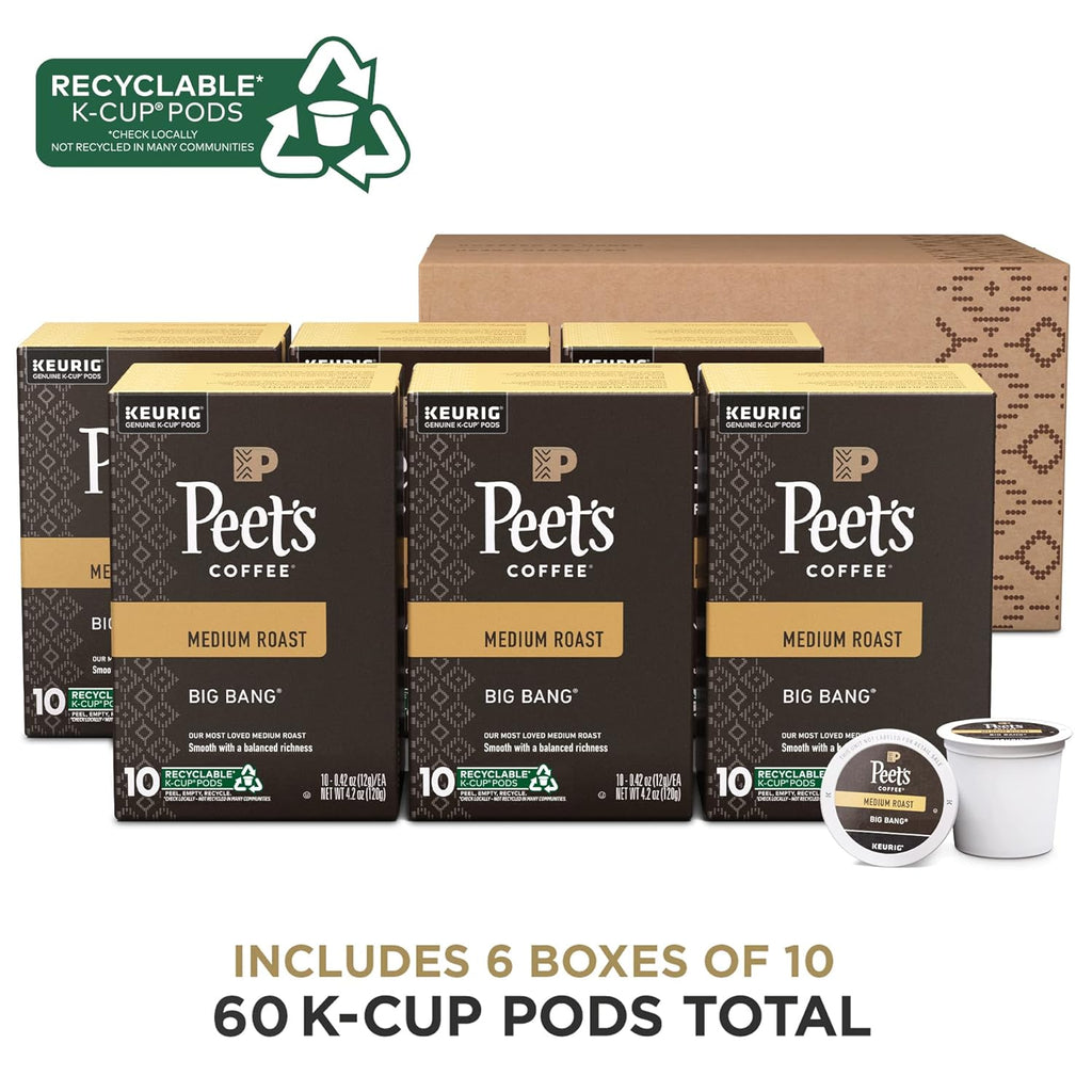 Peet's Coffee Medium Roast K-Cup Pods - 100% Arabica Big Bang Flavor, 60 Count (6 Boxes of 10 Pods)