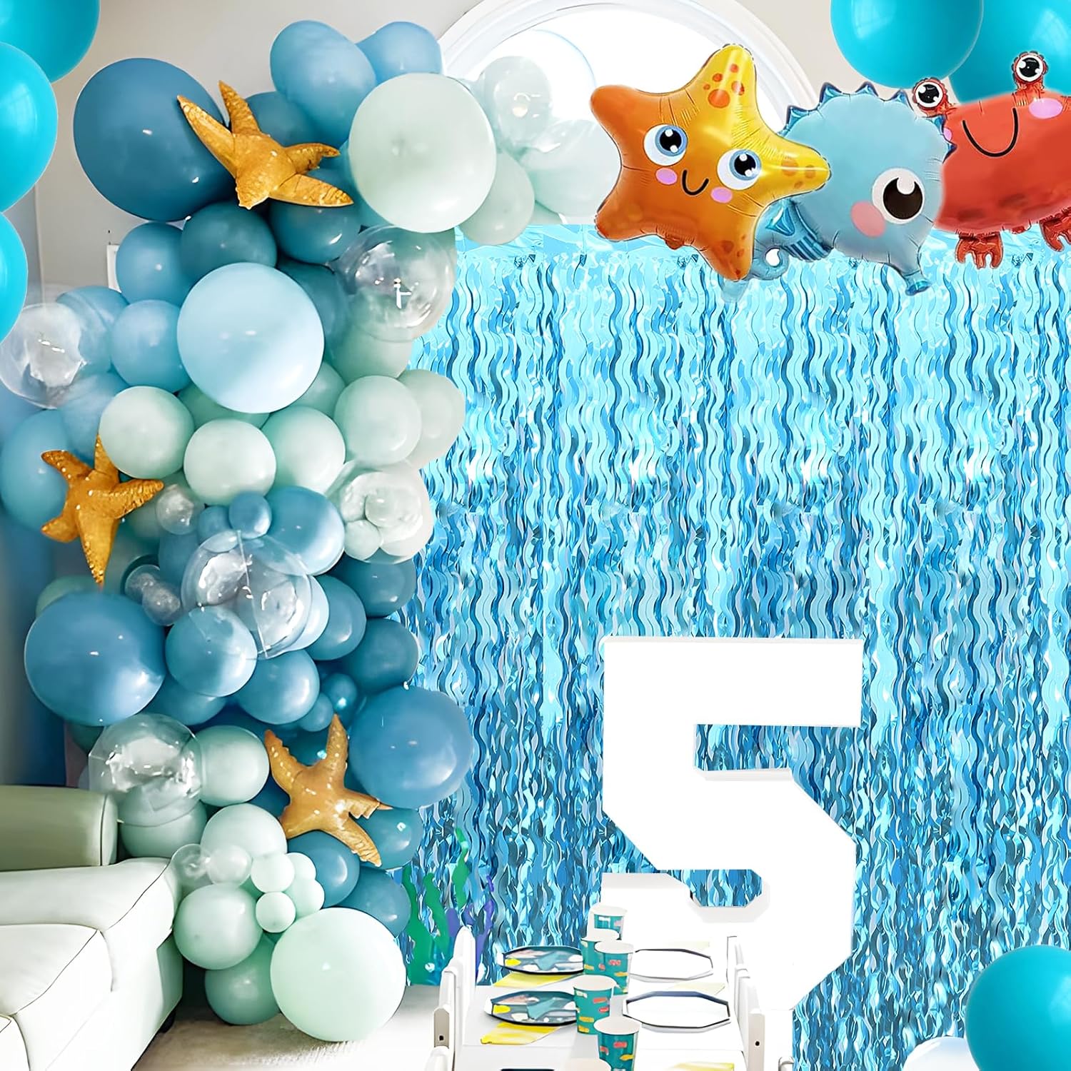 Skiennix Wavy Tinsel Foil Fringe Curtains - Teal Blue Streamers Backdrop for Ocean-Themed Parties | 2 Pack, 3.2 ft x 6.6 ft
