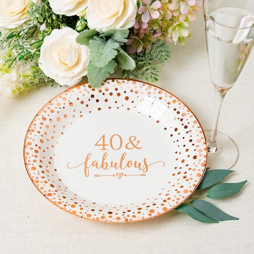 Crisky 40 Fabulous Disposable Plates for Women 40th Birthday Decorations Rose Gold Dessert, Buffet, Cake, Lunch, Dinner, Party Table Supples, 50 Count, 9 inches