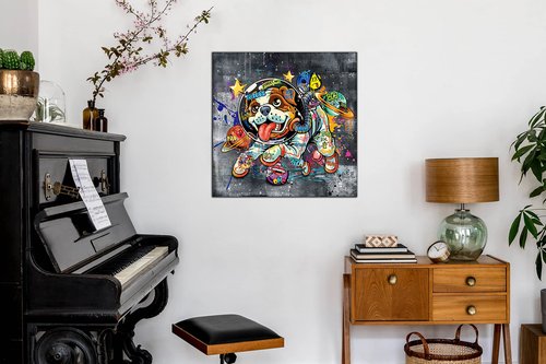 Kepgonegu Canvas Wall Art Funny Dog in Spacesuit Picture Banksy Graffiti Wall Art Ready to Hang Size 20”W x 20”H