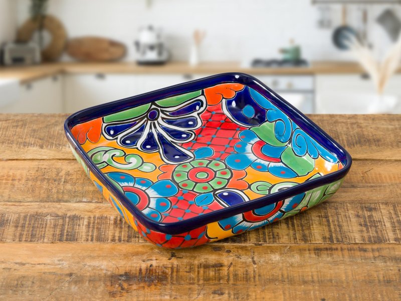 Enchanted Talavera Mexican Hand Painted Ceramic Baking Dish Casserole Dish Serving Platter Tray Floral Dish Oven Safe Microwave Safe Taco Tuesday Thanksgiving Party Serving Brownie Pan (Cobalt)