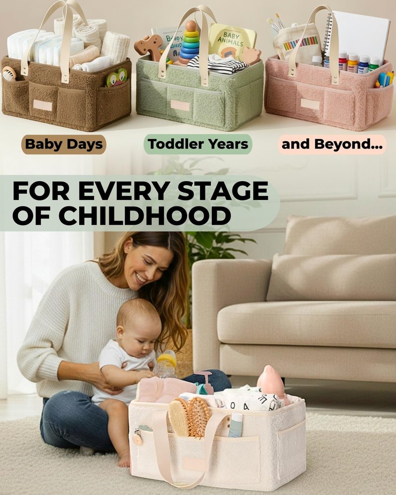 Toodly Baby Diaper Caddy Organizer with Portable Changing Mat - Teddy Fleece Diaper Organizer for Changing Table - Basket for Changing Essentials - Baby Essentials Organizer with Removable Dividers