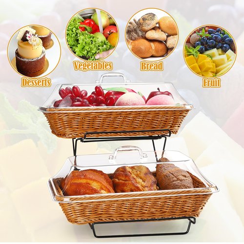 Ziliny 2 Pack Wicker Bread Basket for Serving, Imitation Rattan Bread Basket with Acrylic Lid and Metal Display Stand Rectangle Woven Fruit Basket with Cover for Food Display Tabletop 13.78 x 9.84''