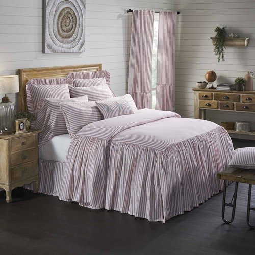 Timeless Ticking Red Stripe Ruffled Twin Bed Skirt, Farmhouse Country, Christmas Décor, 16" Drop