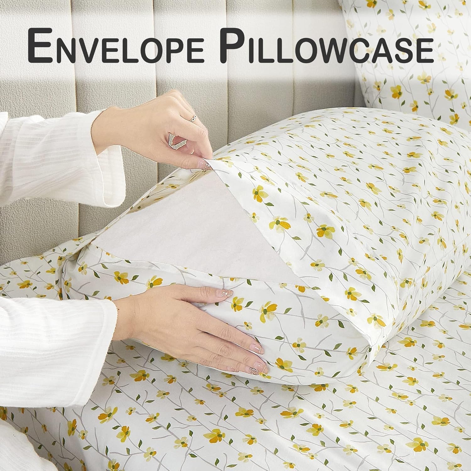 Softan Yellow Floral Queen Size Bed Sheets - 4 Piece Soft Microfiber Set with 15" Deep Pocket & Corner Straps