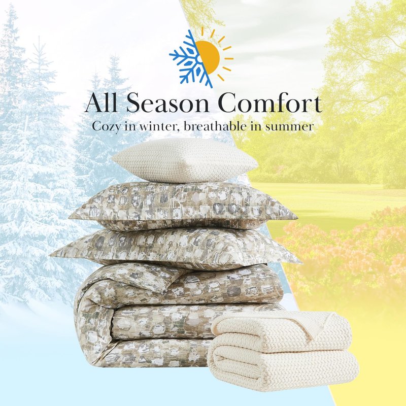 Southshore Fine Living, Inc. 5-Piece Full/Queen Size Comforter Set, Down Alternative with Acrylic Throw Blanket for Bed, 2 XL Pillow Shams, Throw Pillow Cover, Ultra-Soft Microfiber, Rhythm Taupe