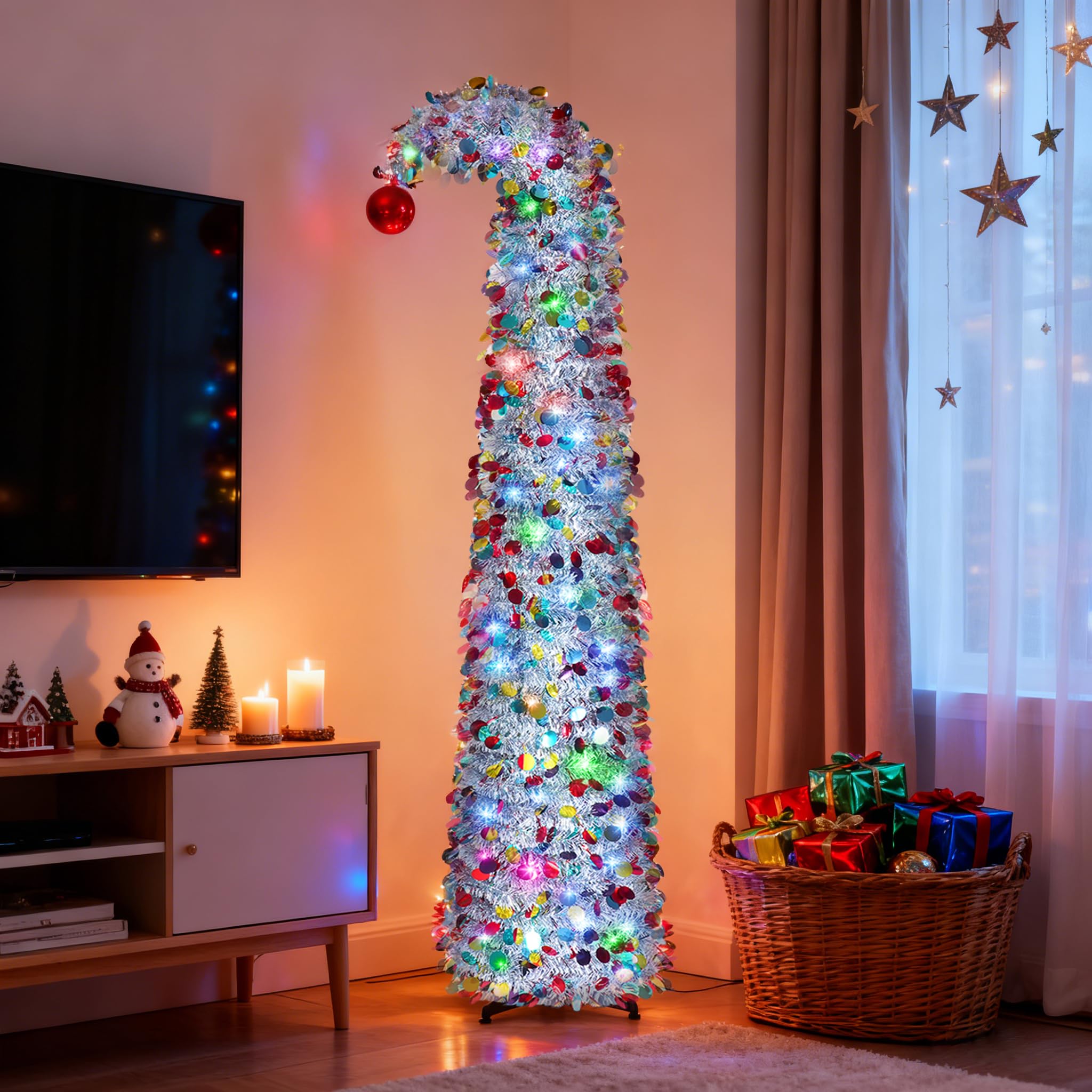 NEXSTRON 5Ft Pop Up Christmas Tree Collapsible with Lights, Easy Pull Up Christmas Tree Foldable with 150 Color Lights, Colorful Silver Pencil Skinny Tinsel Xmas Tree with Storage Box for Apartments
