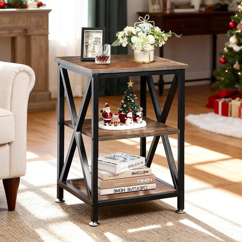 TooCust Square End Table with Storage Shelf, 16" D X 16" W X 24" H, 3-Tier End Table Living Room, Rustic Brown End Tables, X-Shaped Night Stand for Bedroom, Farmhouse Wood End Tables