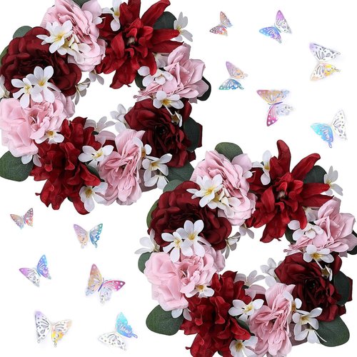 Artificial Flower Candle Rings - 6-Inch Rose Floral Wreaths with Butterflies for Wedding Centerpieces | Burgundy & Pink (Set of 2)