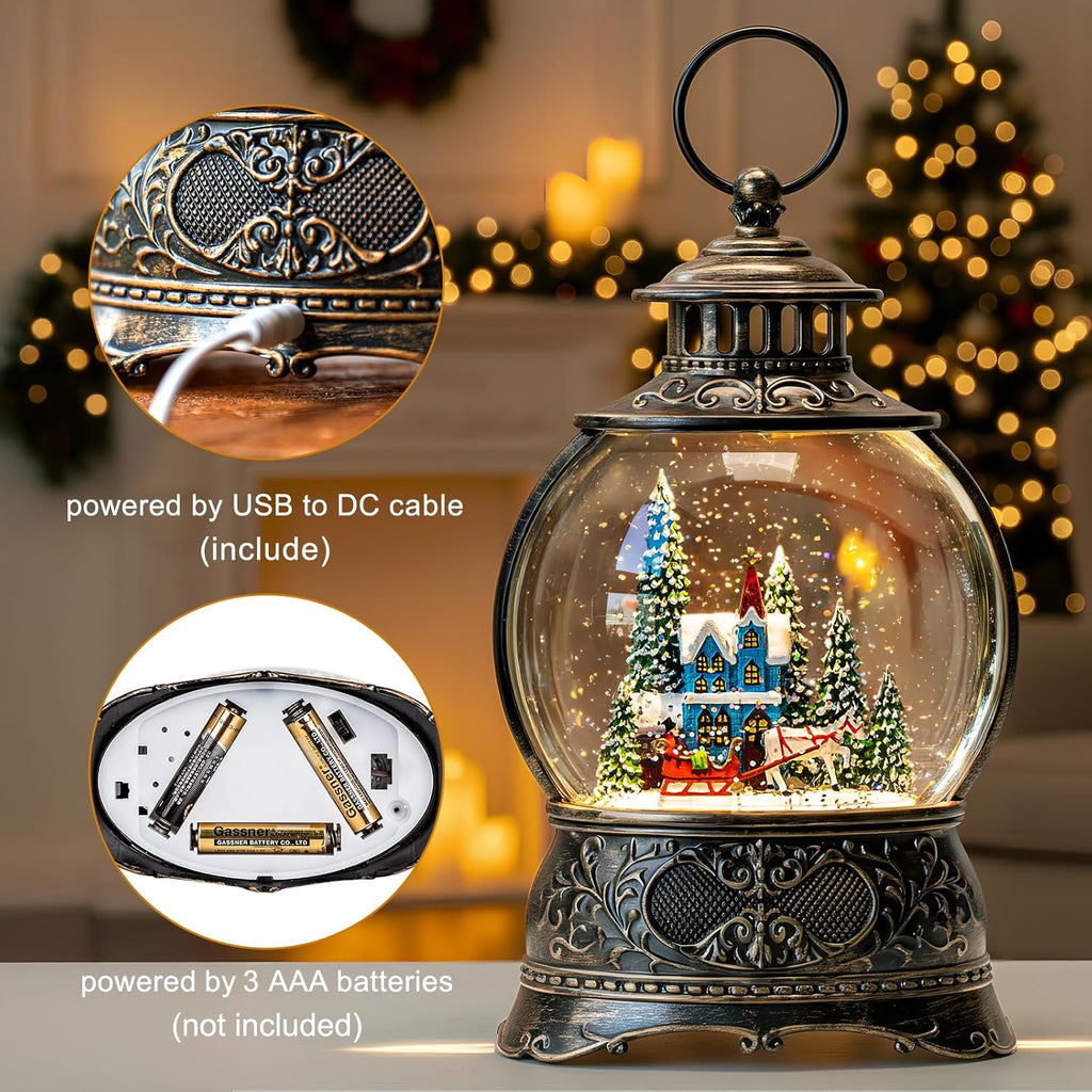 Regine Switzerland Christmas Snow Globe - Musical Water Lantern with Timer & USB/Battery Operated | Blue Church Design