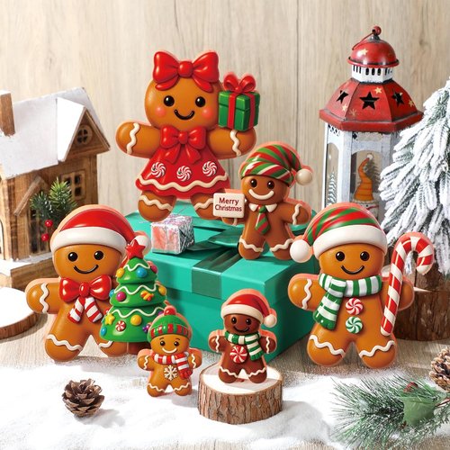 AceOrbit 8-Inch Large Gingerbread Man Figurines - Rustic Wooden Christmas Table Decorations | 6 Pcs Set