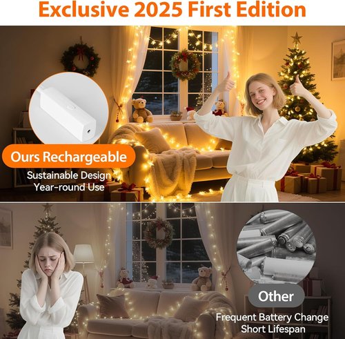 Lakumu LED Star String Lights - 33FT 100-LED Twinkle Lights with 8 Modes & Timer | Battery Operated Warm White Indoor Decor