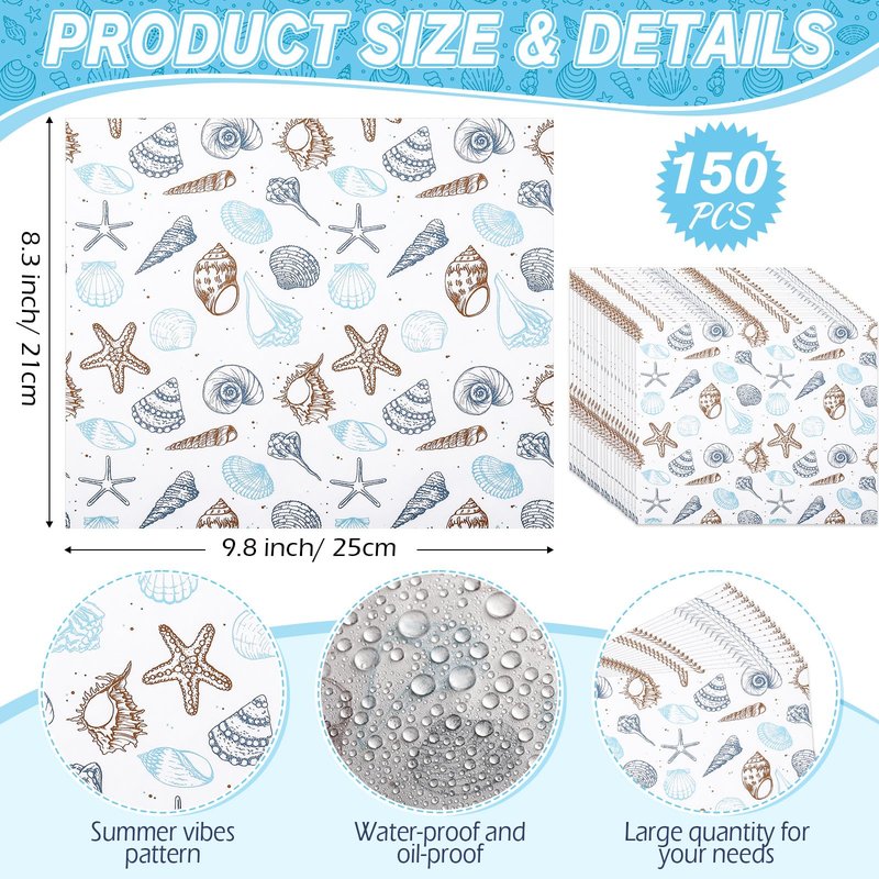 AmazingSpark 150 Pcs Deli Wax Paper Sheets for Food 8 x 10 Inch Greaseproof Waterproof Sandwich Wrapping Paper Basket Liner for Outdoor Picnic Beach Wedding Birthday Baby Shower (Seashell Starfish)