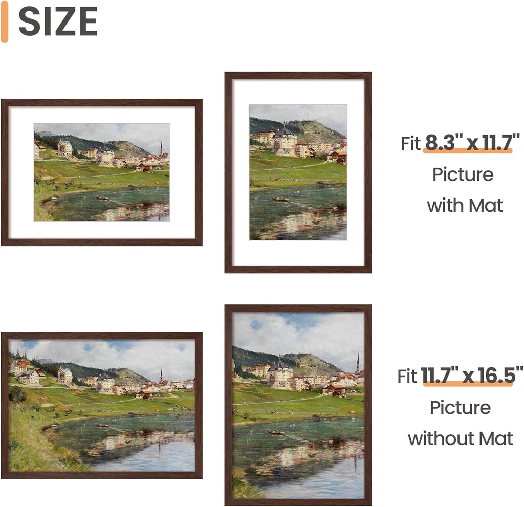 Upsimples A3 Picture Frame - Elegant Brown Display for 8.3x11.7 or 11.7x16.5 Photos | Wall Hanging
