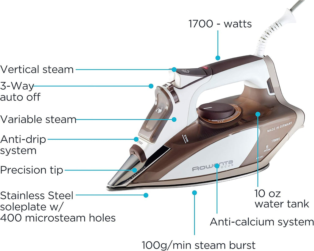 Rowenta Steam Iron - Micro Steam Stainless Steel Soleplate with 400 Holes | 1700 Watts, Portable for All Fabrics