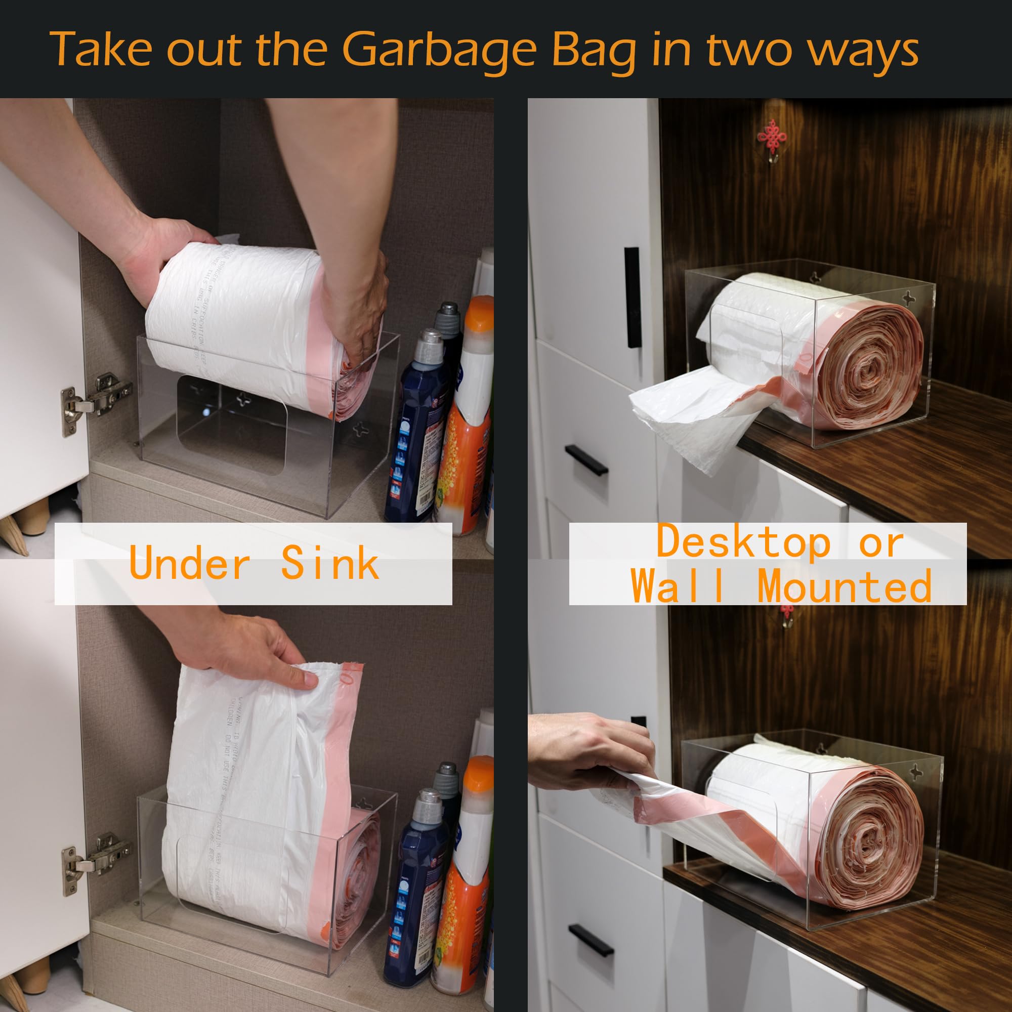 SEANADO Extra Large Trash Bag Dispenser Roll Holder, Wall Mount Acrylic Kitchen Under Sink Organizer Storage Box Large Garbage Bags (10.43” x 7.5” x 6.9” without Lid)