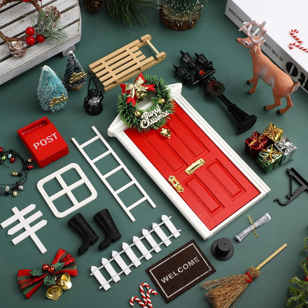 Shappy Christmas Elf Fairy Doors - 39 Pcs Enchanted Wooden Miniature Outdoor Decor | Red