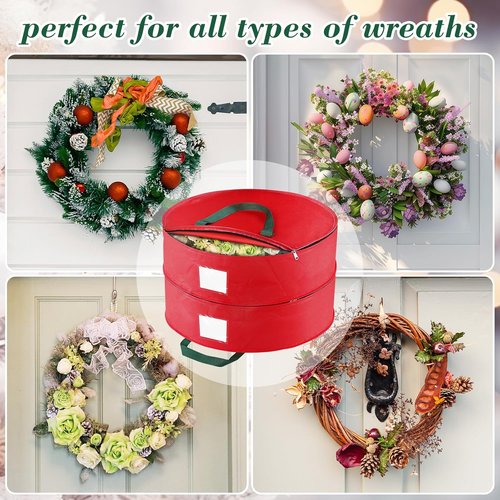 BlessedSeason Wreath Storage Container - Protects 2 Holiday Wreaths with Dual Zipper & Handles | 24” Red