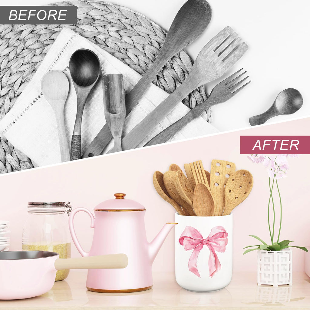 JarThenaAMCS Valentine's Day Pink Bow Ceramic Utensil Holder Watercolor Coquette Trendy Bow Utensil Crock for Home Kitchen Countertop Storage Organizer Container