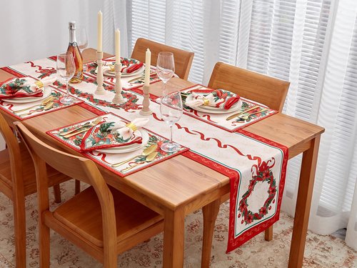 YiHomer Poinsettia Ribbon Engineered Printed Fabric Christmas Tabletop for Xmas Winter Holiday, Christmas Time, Reversible Placemat Set, 13 x 19