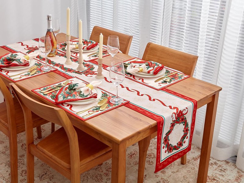 YiHomer Poinsettia Ribbon Engineered Printed Fabric Christmas Tabletop for Xmas Winter Holiday, Christmas Time, Reversible Placemat Set, 13 x 19