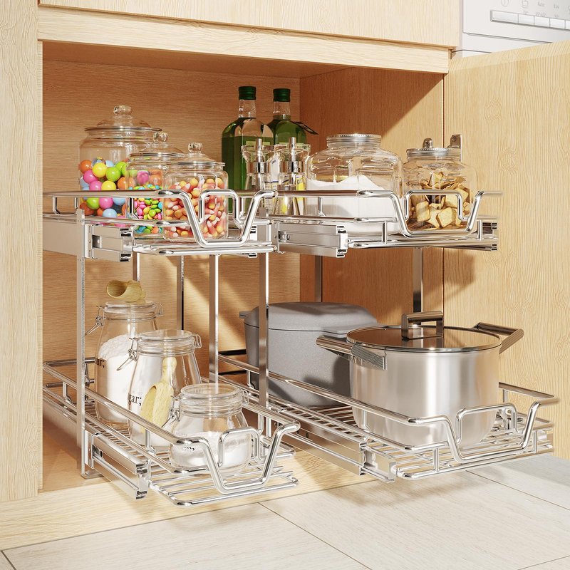 QUYUWU 2-Tier Kitchen Cabinet Pull Out Shelf and Drawer Organizer Slide Out Pantry Storaqe Basket in Multiple Sizes (10.7x 21 D)