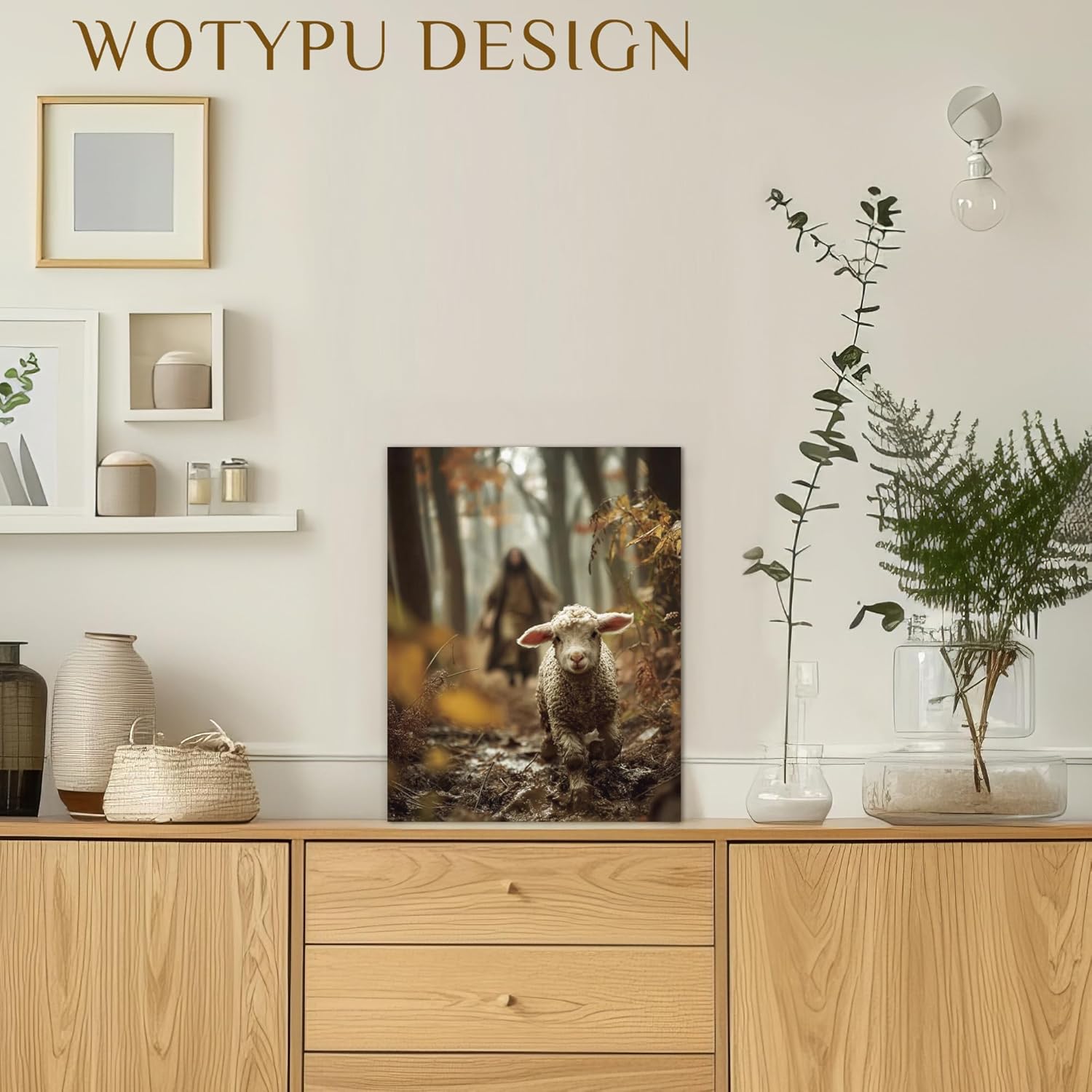 WOTYPU Jesus and the Lamb Wall Art - Framed Christian Canvas Print for Home Decor | 11x14 Inches