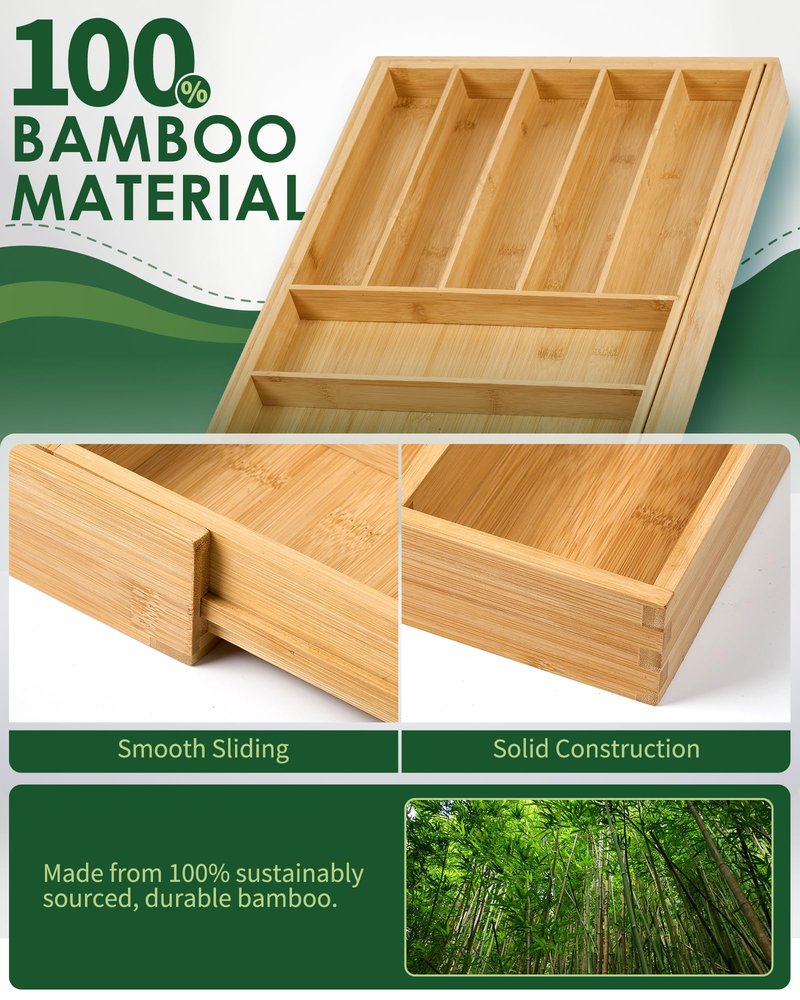 Upolana Premium Bamboo Expandable Drawer Organizer, 7-9 Slots Adjustable Kitchen Drawer Organizer for Large Cooking Utensils Cutlery, Kitchen Drawer Organization
