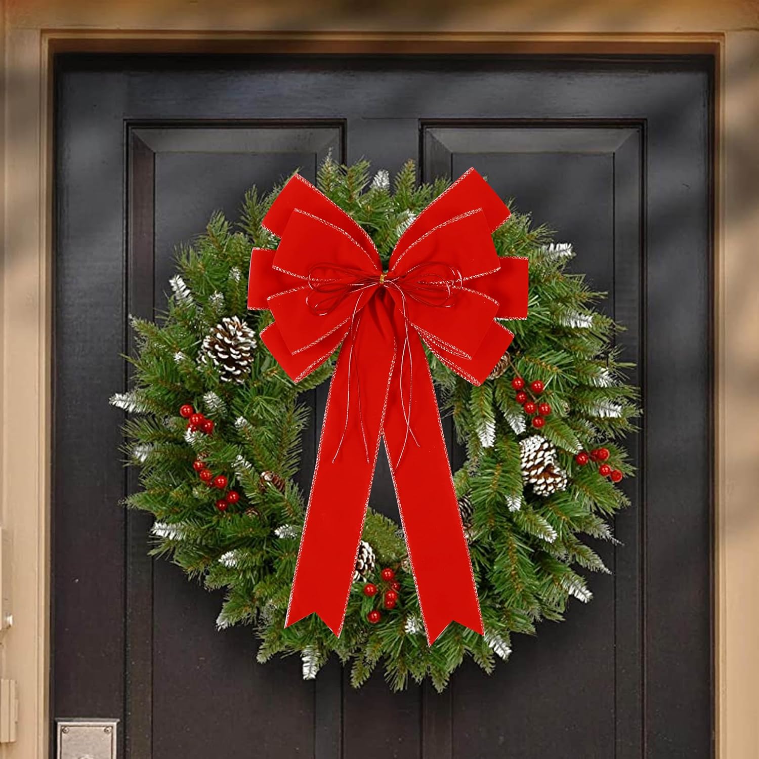 Skiennix 2 Pack Red Christmas Bows - Large 12”x20” Velvet Wreath Bows with Glitter Gold Edges for Holiday Decor