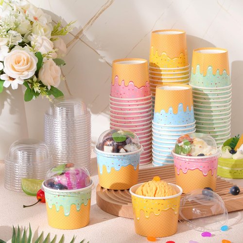 Jingmore 80 Count Paper Ice Cream Cups with Clear Dome Lids Disposable Dessert Cups Bulk Dessert Bowls Sundae Containers for Snack Yogurt Soup Birthday Ice Cream Party Supplies (6 oz)