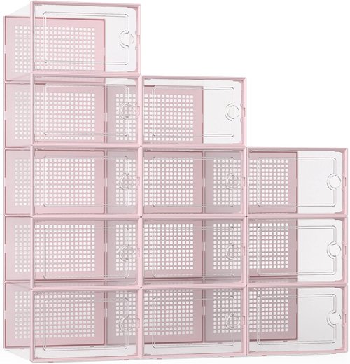 Kuject X-Large Clear Plastic Shoe Storage Boxes - Stackable 12 Pack for Sneakers & Toys | Pink