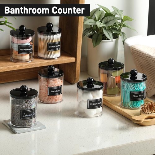 Acrylic Qtip Holder Dispenser Set by [Brand Name] - 2 Pack Clear & Black Canisters for Cotton Swabs, Balls, and Pads | Bathroom Vanity Storage Organizer