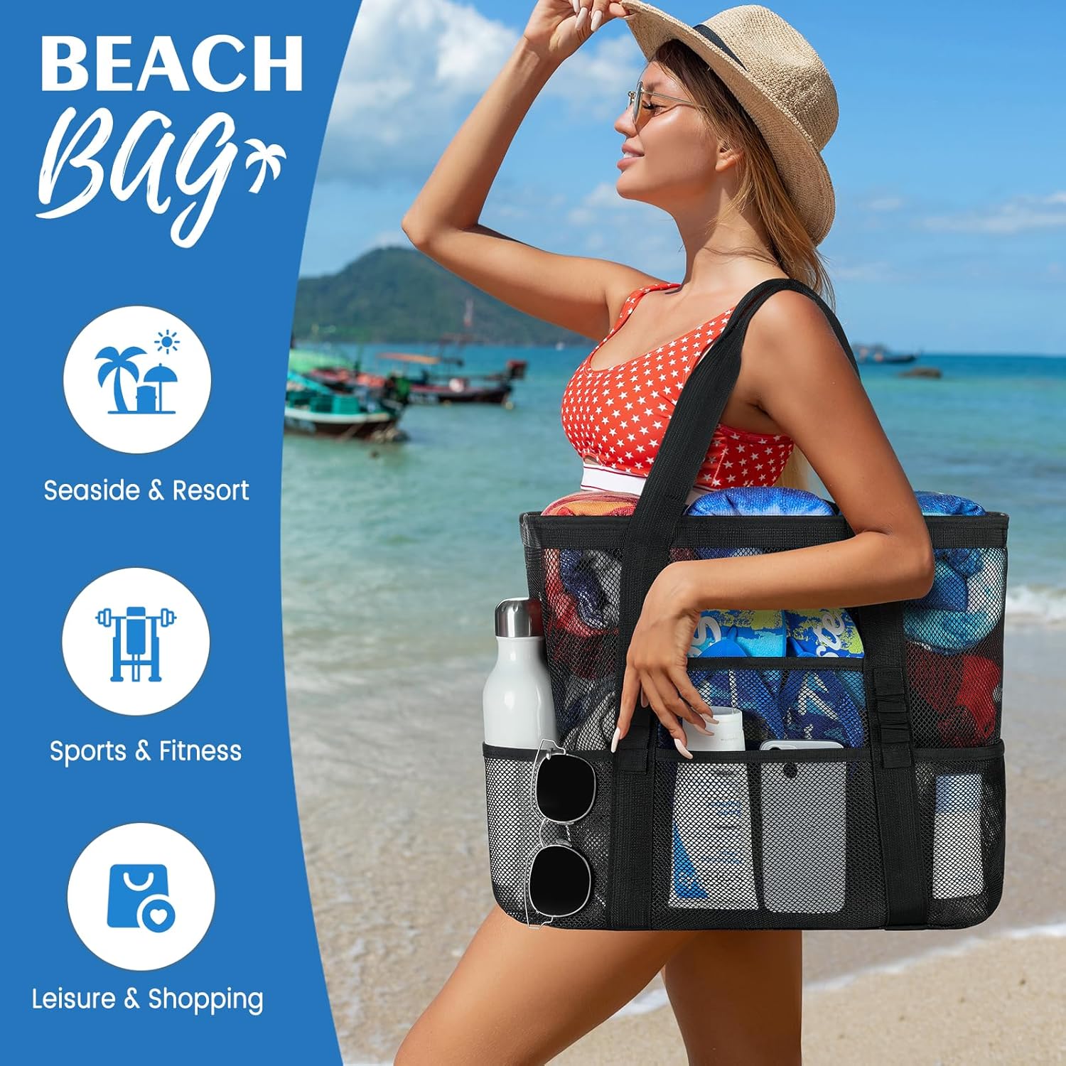 Skiennix Mesh Beach Bag - Large 8-Pocket Tote for Vacation Essentials | Durable & Stylish