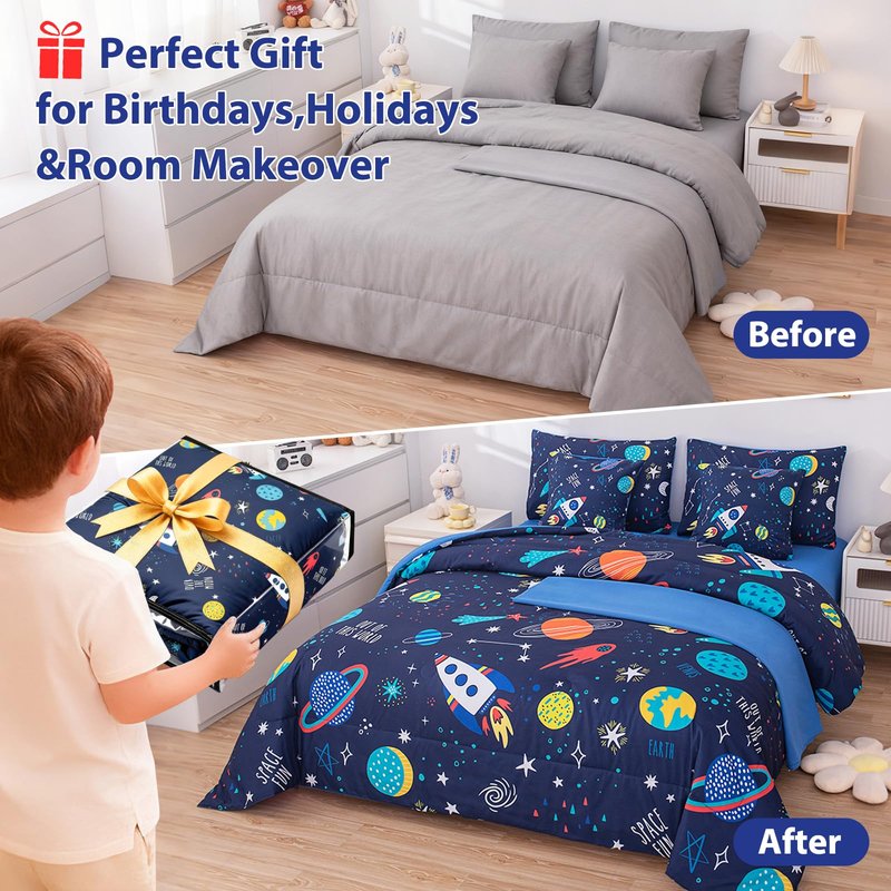 BQH Boys Twin Size Space Bedding Set - 7 Piece Rocket & Galaxy Comforter with Deep-Pocket Sheet, Whole-Piece Filling, Machine Washable Bed-in-a-Bag for Kids' Room Makeover & Gifts