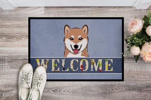 Caroline's Treasures BB1411JMAT Shiba Inu Welcome Doormat 24x36, Blue Front Door Mat Indoor Outdoor Rugs for Entryway, Non Slip Washable Low Pile, 24H X 36W