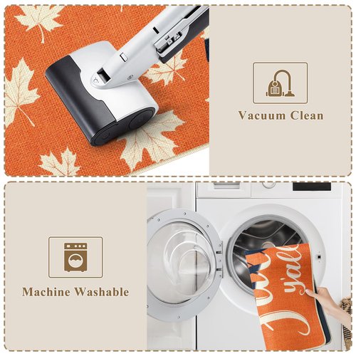 KIMODE Fall Kitchen Rugs Non Slip Washable 17"x47"+17"x29", Orange Farmhouse Kitchen Rugs Sets of 2, Halloween Rugs for Kitchen Floor, Flowers Grass Kitchen Mats for Floor Laundry Office Sink Desk