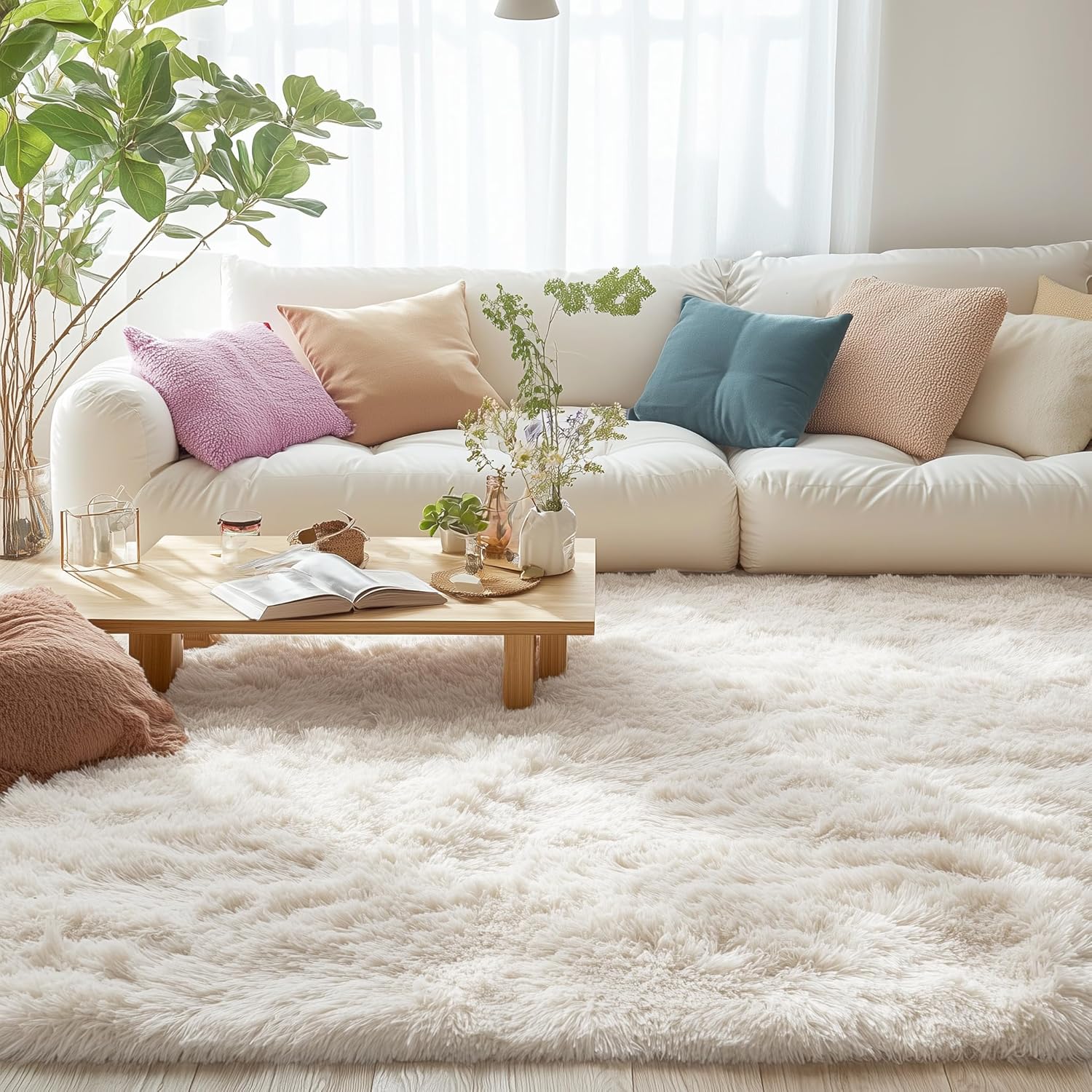 OLANLY Area Rug - Soft Fluffy Shaggy Carpet for Living Room & Bedroom | Machine Washable Ivory 4x7