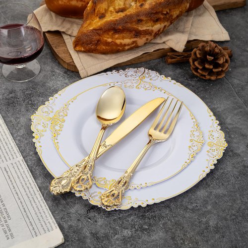 Joyido 90 Pieces Gold Plastic Silverware - Heavy Duty Gold Disposable Utensils - Fancy Plastic Cutlery Set Includes 30 Forks, 30 Spoons, 30 Knives for Dinner Parties Weddings