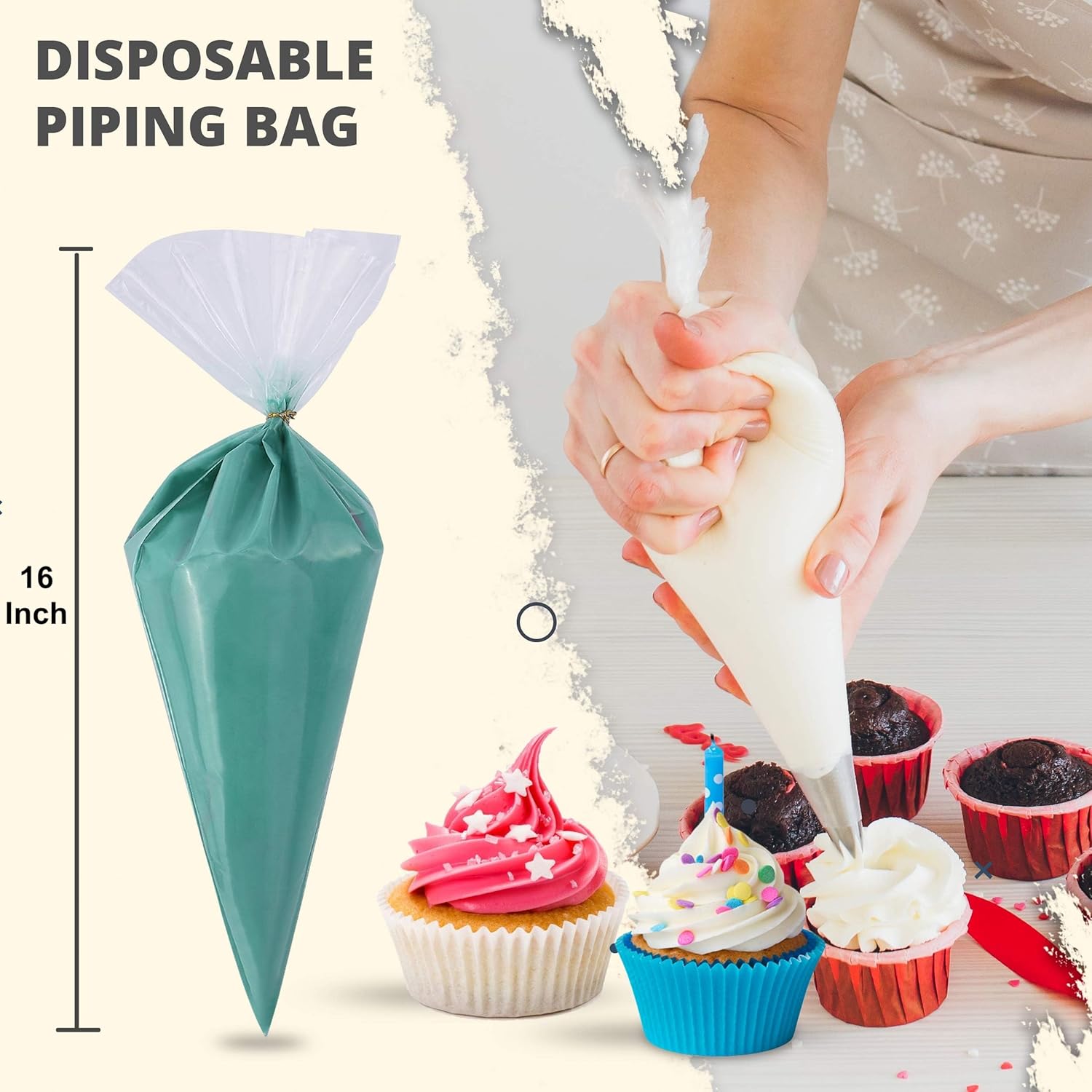 Riccle Disposable Piping Bags - 16 Inch Textured Anti-Burst Icing Bags for Cake & Cookie Decoration