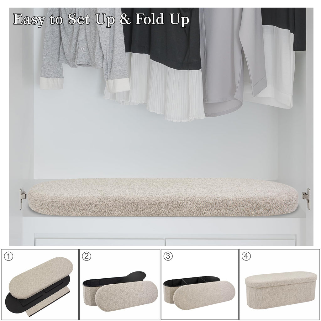 GLAXYFUR Oval Storage Ottoman Bench, Sherpa Foot Rest, 43 Inch Folding Chest for Living Room, Bedroom, Khaki