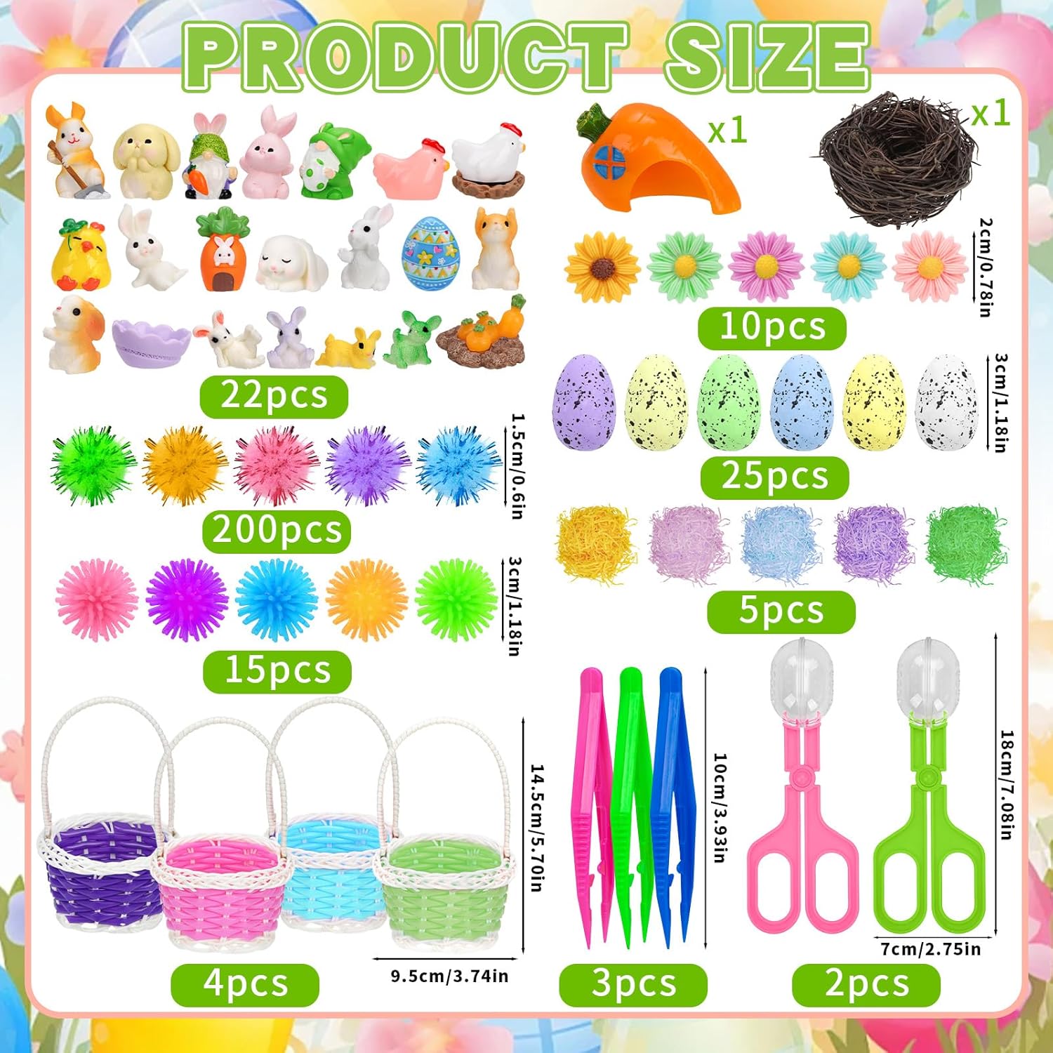 Spring Sensory Bin Filler by Easter - 287 Pcs with Eggs, Bunnies, Felt Flowers & Pom Poms for Counting & Sorting