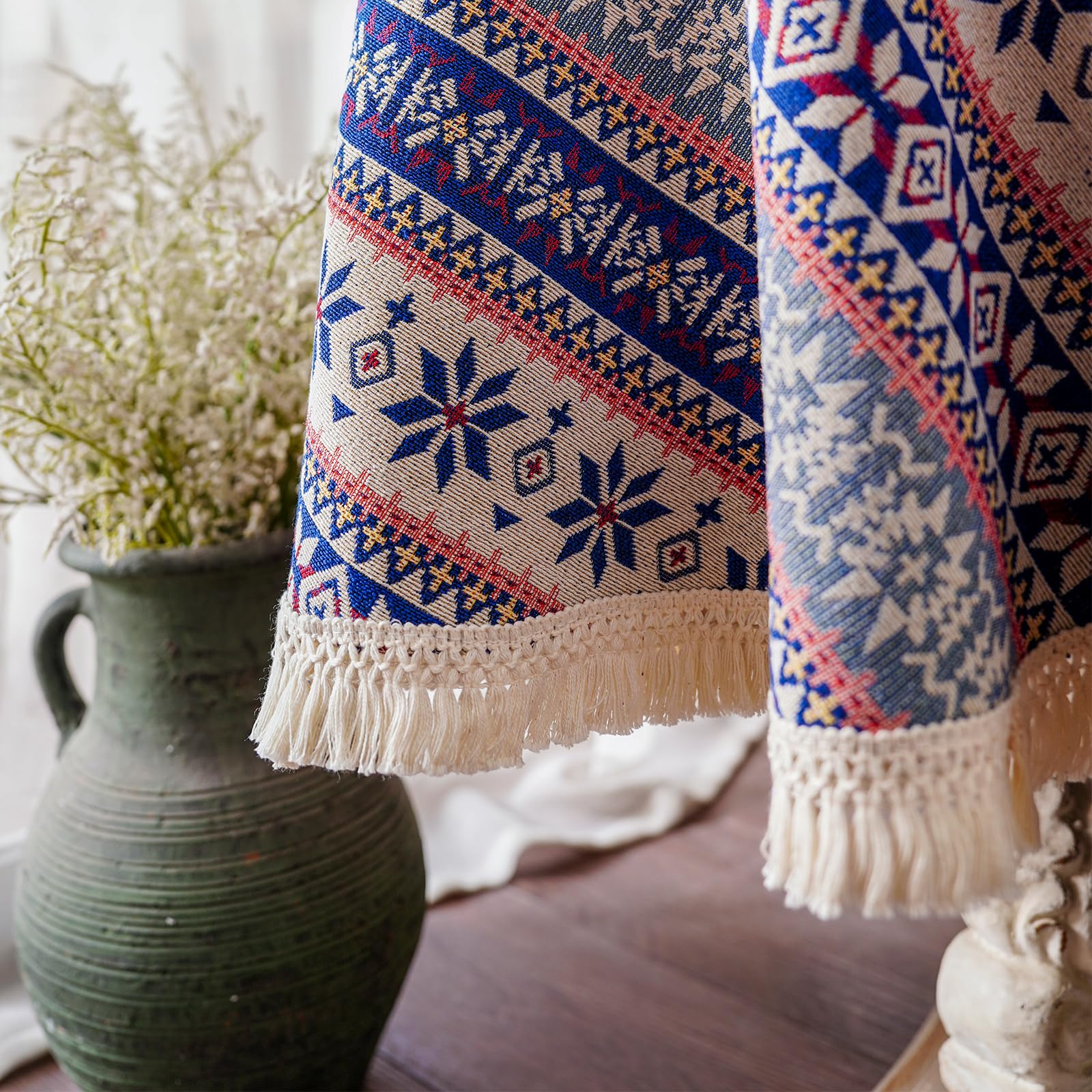 SUTAVIA Floral Round Tablecloth with Embroidery Lace Waterproof Fabric Burgundy Table Cloths Farmhouse Table Cover for Home Kitchen Dining Room Holiday Party Outdoor (Blue, 60" Round)