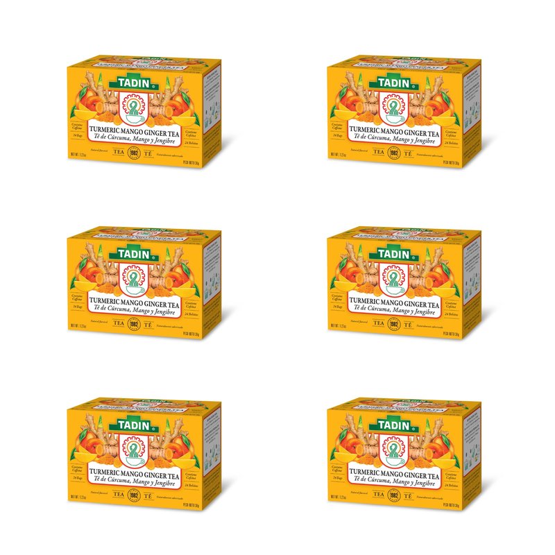 Tadin Turmeric Mango Ginger Tea, Contains Caffeine, Best as Hot Tea, Contains Black Tea, 24 Tea Bags Per Box, Pack of 6