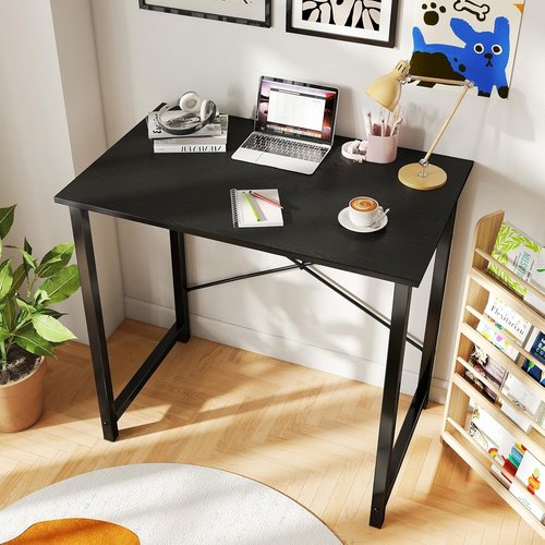DUMOS 32-Inch Modern Small Computer Desk - Stylish Writing & Study Table for Home Office | Black Wood Finish