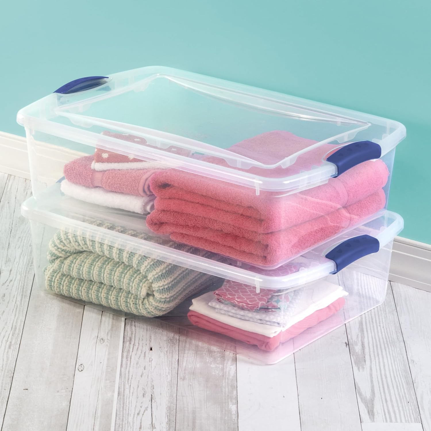 Sterilite 32 Quart Clear Plastic Storage Bins - Stackable Underbed Containers with Lids & Blue Latches