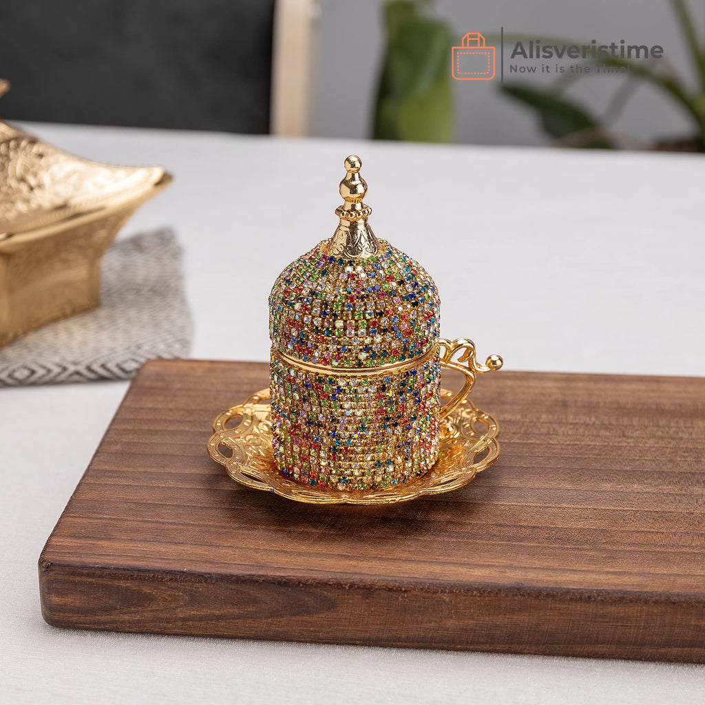 Alisveristime Ottoman Turkish Greek Arabic Espresso Coffee Cups with Saucer and Lid (Crystal Set) (Set of 2) (Mix)