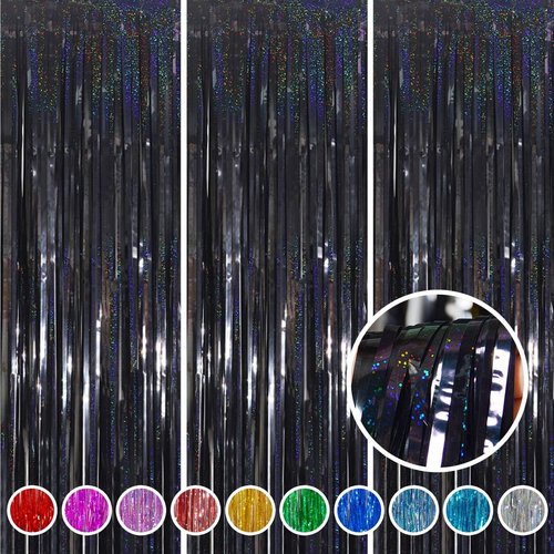 Melsan Graduation Decorations 2026 - Foil Fringe Curtains | 3 Pack Black Tinsel Backdrop 3.2 x 8.2 ft