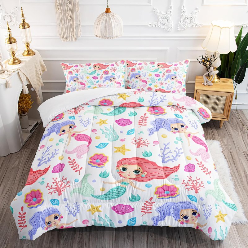 XYNHML Mermaid Comforter Set Twin Size Fairy Tale Sea Shell Grass Bedding Set Starfish Quilt Bed Set for Kid Girls with 1 Comforter and 2 Pillowcases